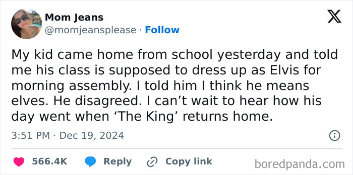 A humorous tweet from a parent about a child's school dress-up confusion between Elvis and elves.