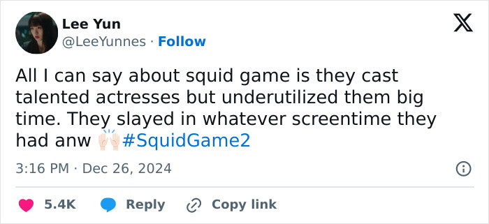 Tweet about Squid Game 2 casting, praising actresses despite limited screen time, hashtagged #SquidGame2.