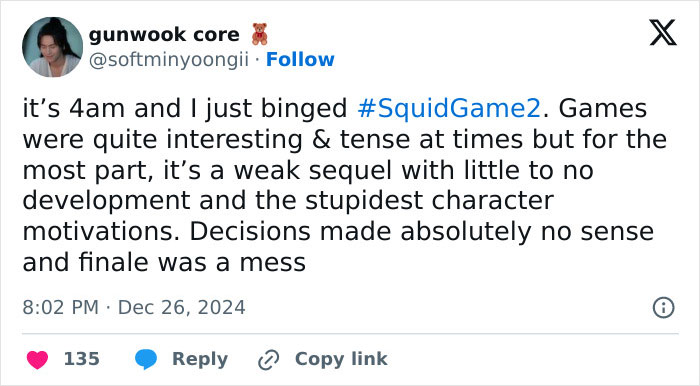 Tweet critiquing Squid Game 2, describing it as a weak sequel with nonsensical decisions and poor character development.