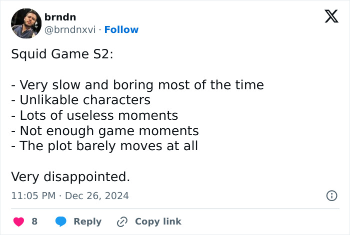 Tweet criticizing Squid Game 2 for slow pacing and unlikable characters.