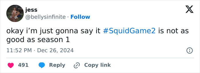 Tweet criticizing Squid Game 2, expressing disappointment compared to season 1.