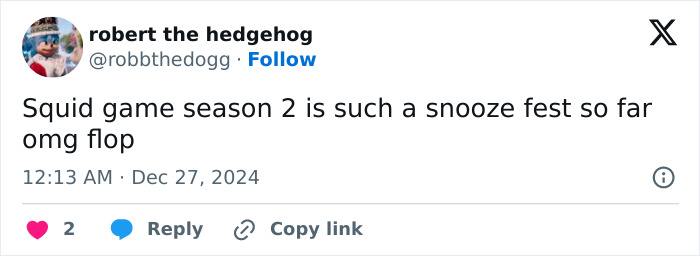 Screenshot of a tweet criticizing Squid Game 2, calling it a snooze fest and flop.