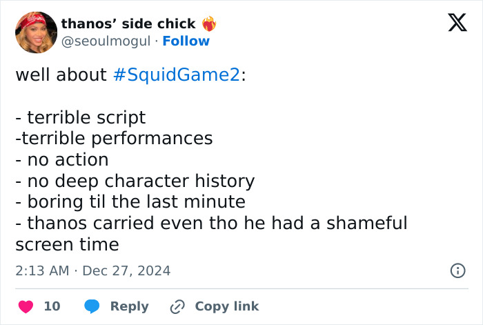 Tweet criticizing "Squid Game 2" for poor script, performances, and lack of action.