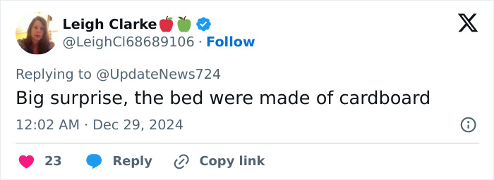 Tweet by Leigh Clarke reacting to cardboard beds in 2024, with 23 likes.