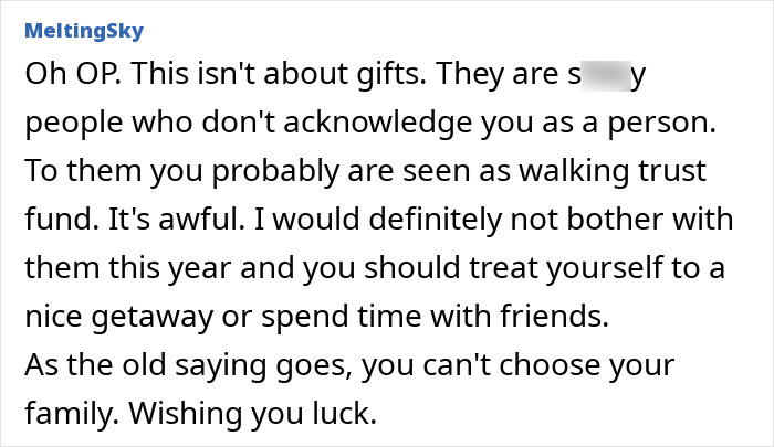 Woman Hurt Poor Family Won't Buy Her Presents: "Fuming And Want To Cancel Everything"