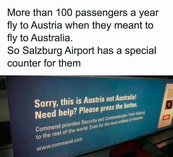 Absurd signs at Salzburg Airport highlight Austria-Australia flight mix-up, offering assistance to confused passengers.