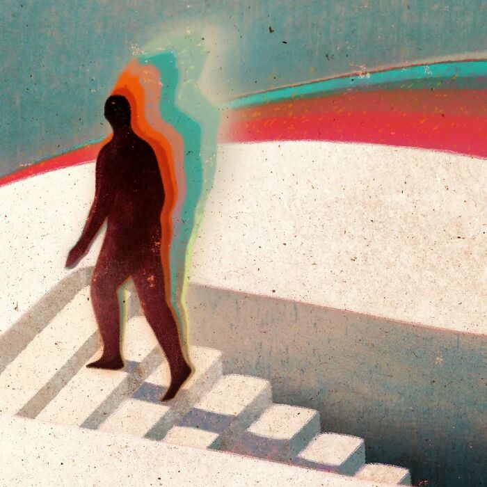 A silhouette on stairs, vibrant colors evoke beauty and melancholy in Owen Gent's illustration.