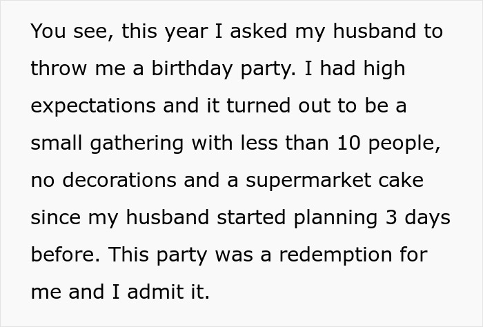 Text about a woman sharing a disappointing birthday party experience involving a small gathering and a supermarket cake.