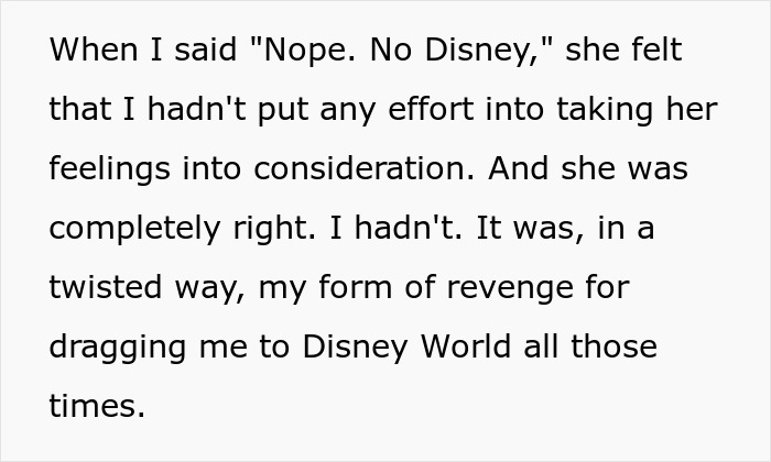 Text excerpt about a man refusing Disney trips and suggesting Hawaii, leading to conflict with his wife.