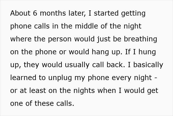 Text describing a woman's unsettling phone calls at night from a stalker returning from her youth.