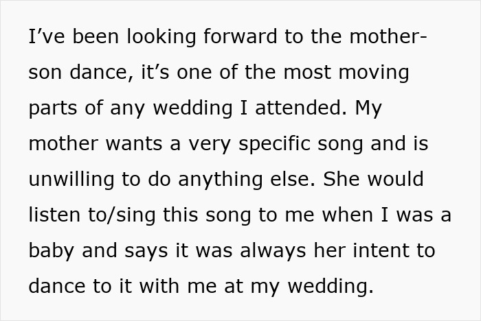 Text discussing a groom rejecting his mom's sentimental Christmas song for his wedding.