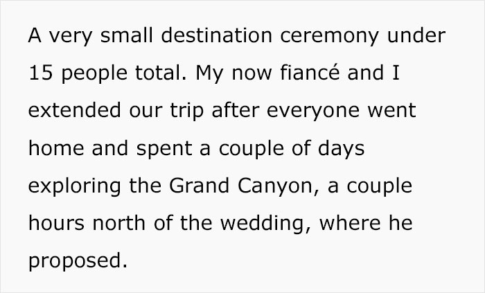 Text about an intimate wedding engagement and Grand Canyon proposal, brother's ceremony under 15 guests.