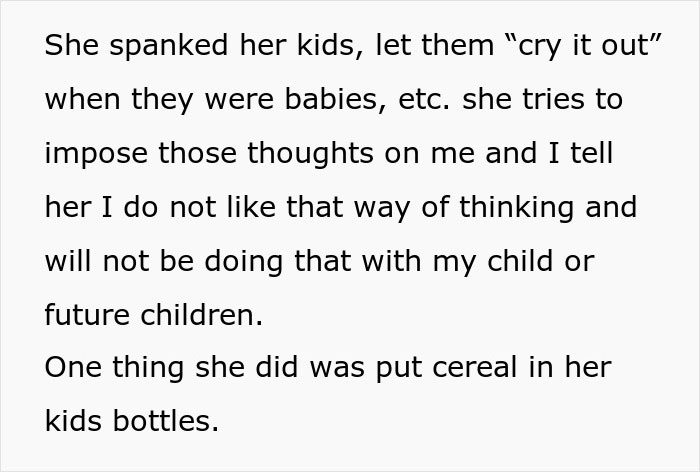 Text discussing a woman's parenting disagreements, including not allowing the MIL to see the baby, with emphasis on different child-rearing beliefs.