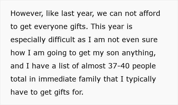 Text describes a woman unable to afford gifts for 40 relatives, considering ramen as an alternative.