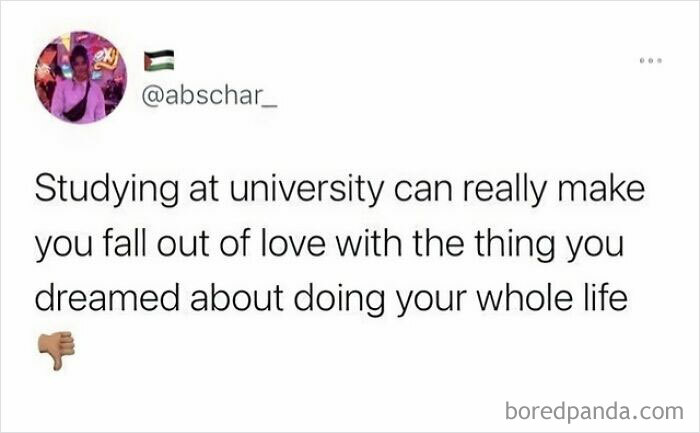 University Life meme about losing passion for dreams while studying, with a thumbs-down emoji.