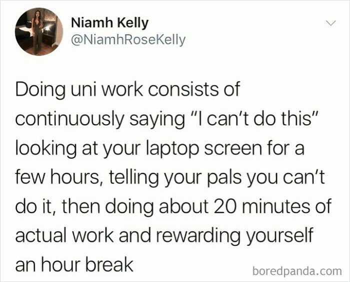 University life meme about procrastination and studying, highlighting student struggles with motivation and productivity.