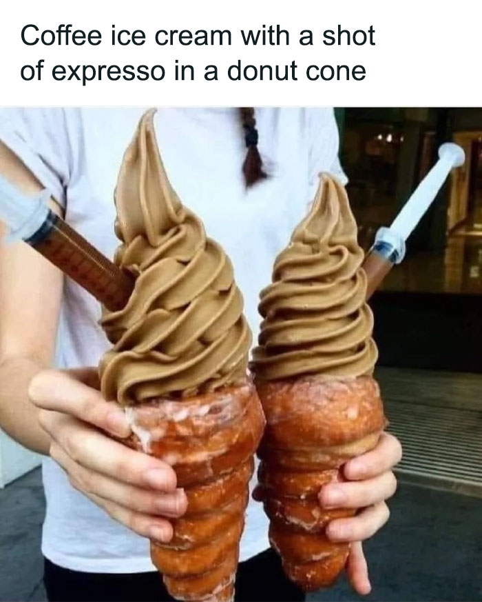 Two donut cones with coffee ice cream and espresso shots.