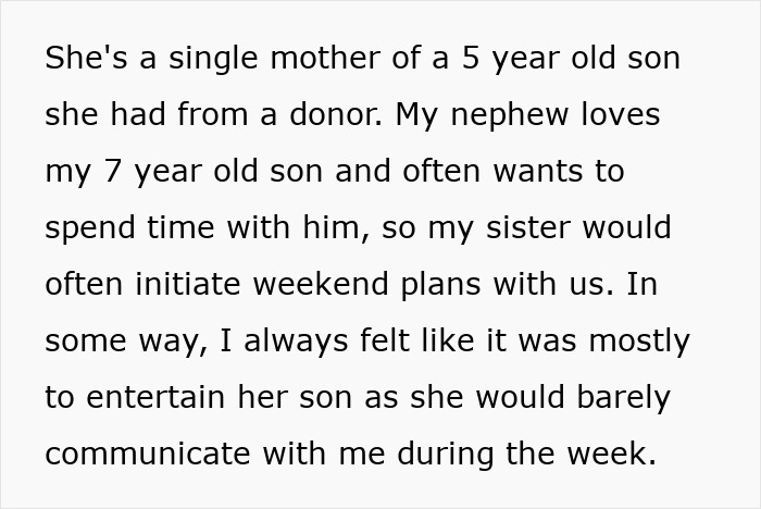 Text excerpt discussing a single mother and her sister planning weekend activities for their children.