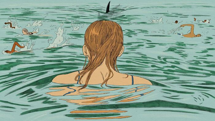 Woman swimming with a surreal shark fin in the distance, surrounded by swimmers, illustrating whimsy and surrealism.