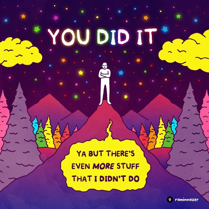 Vibrant illustration by Ramin Nazer featuring a figure on a mountain with motivational words under a starry sky.