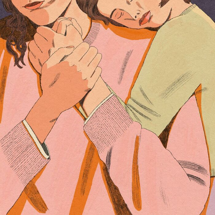 Illustration of two people holding hands, with a surreal and whimsical touch in pastel colors.