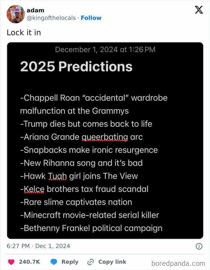 Text predictions for 2025, featuring various speculative events and humorous forecasts.