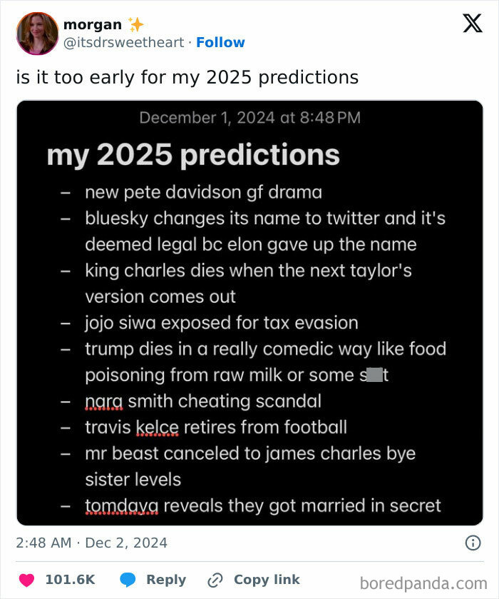 Text image listing humorous 2025 predictions, including celebrity events and changes.