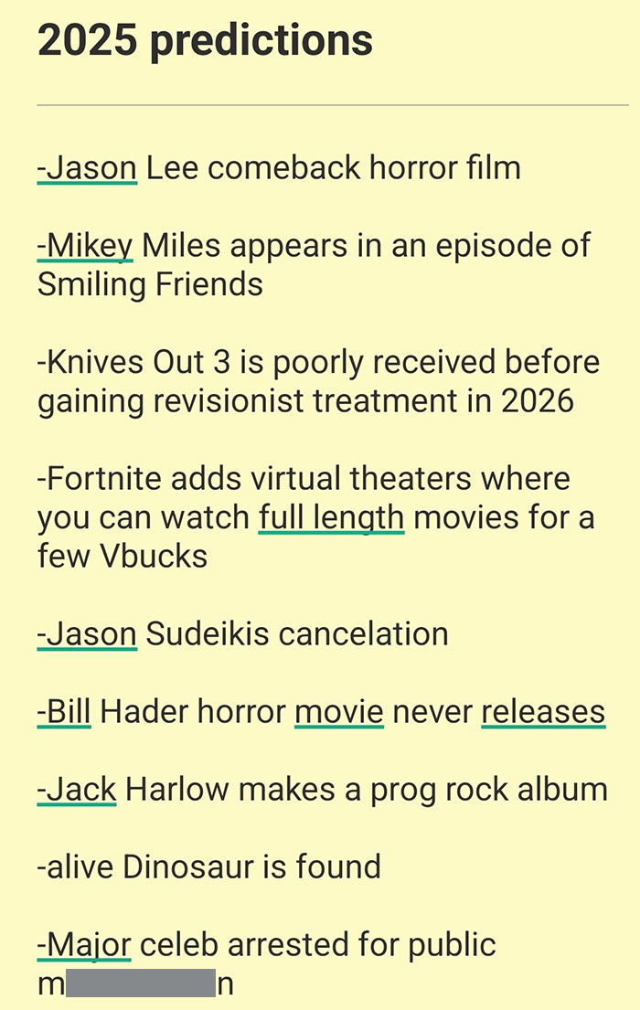 2025 predictions list with movie releases, celebrity events, and virtual theater updates in gaming.