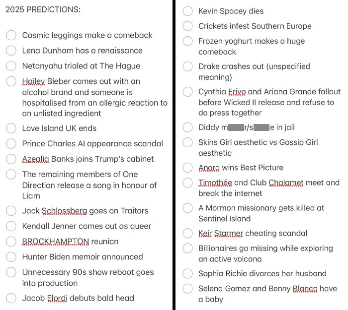 List of satirical 2025 predictions includes celebrities, trends, and scandals in a humorous style.