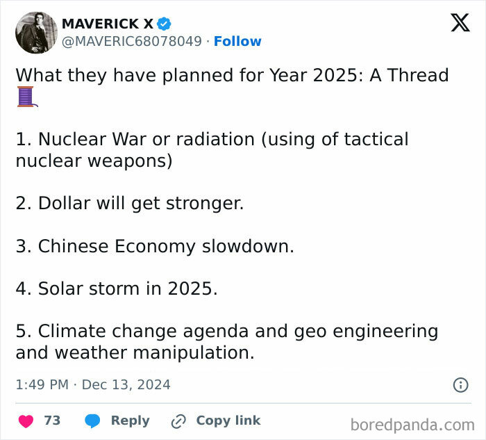 Tweet listing 2025 predictions: nuclear war, stronger dollar, Chinese economy slowdown, solar storm, climate change agenda.