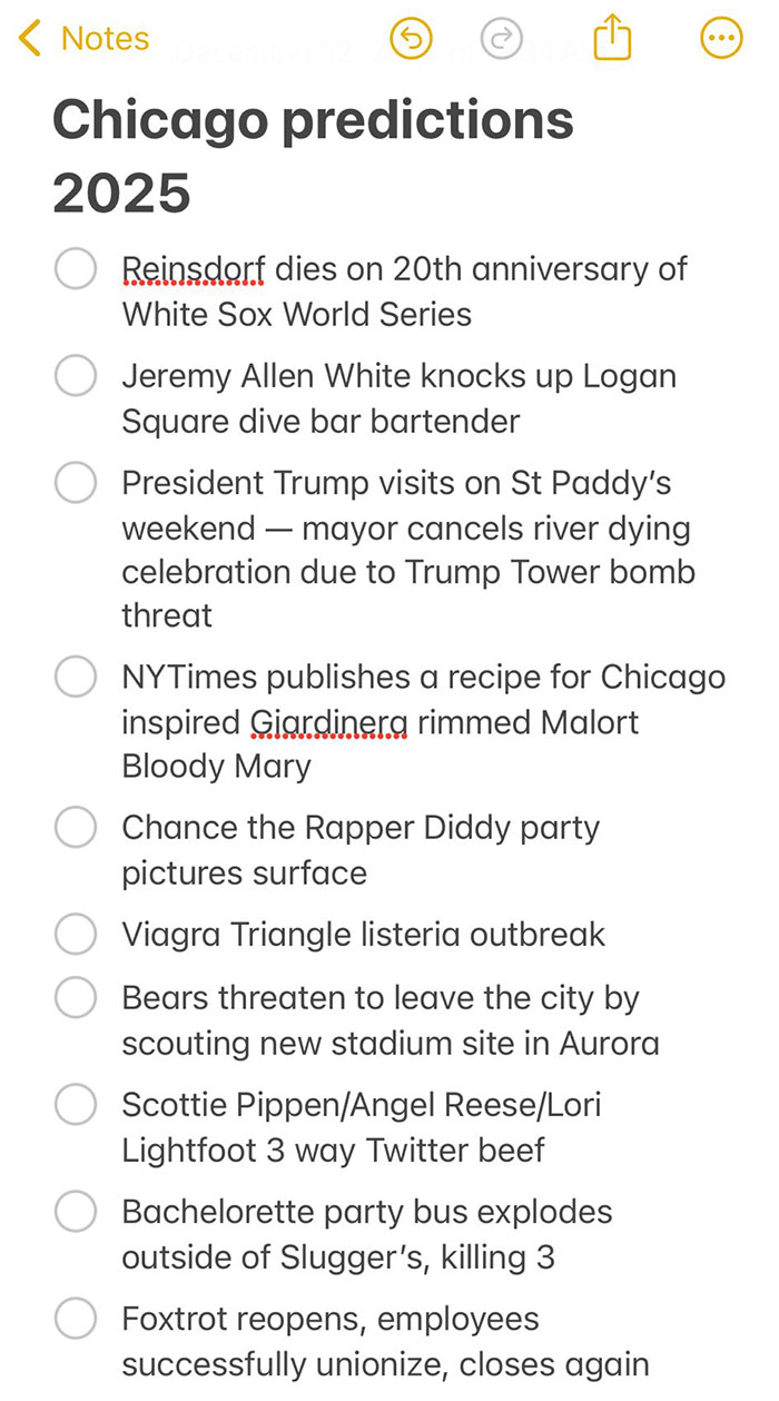 Notes app showing Chicago 2025 predictions list with various events and incidents.