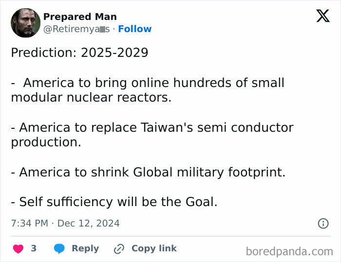 Social media post with 2025 predictions about nuclear reactors, semiconductor production, military reduction, and self-sufficiency.