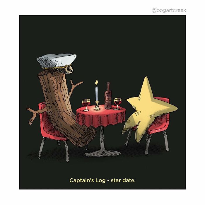 Comic by Derek Evernden: a tree log and star having a candlelit dinner titled "Captain's Log - star date."