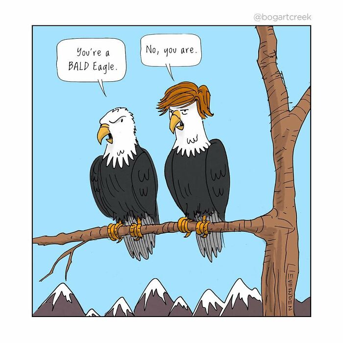 Two eagles on a branch, one with a toupee, exchange humorous dialogue. Comic by Derek Evernden.