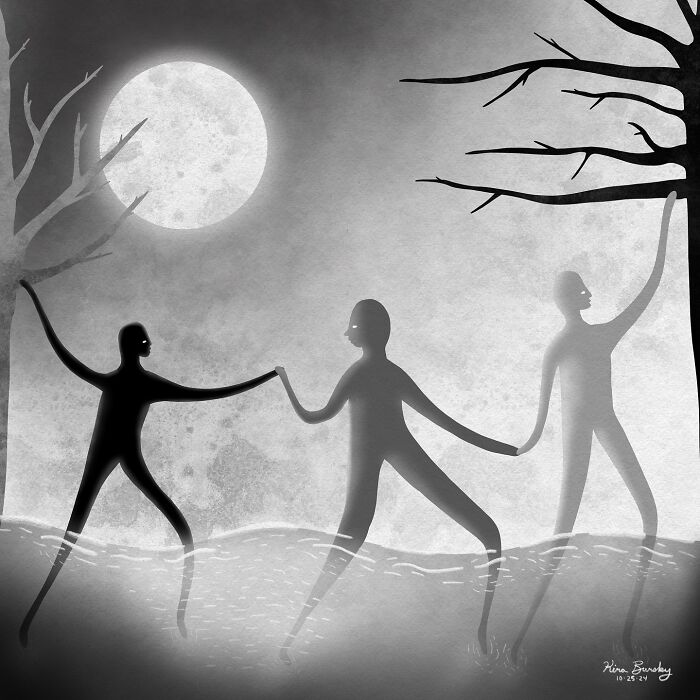 Illustration of figures holding hands under a full moon, capturing an artistic response to Hurricane Helene.