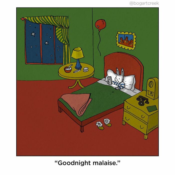 Comic by Derek Evernden features a rabbit in bed saying "Goodnight malaise," capturing humorous dark undertones.