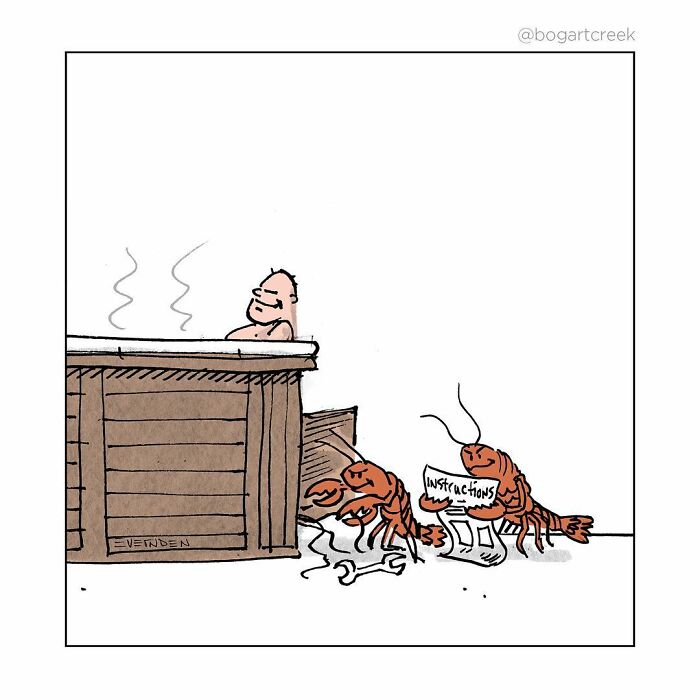 Man relaxing in hot tub while lobsters follow instructions, humorous one-panel comic by Derek Evernden.