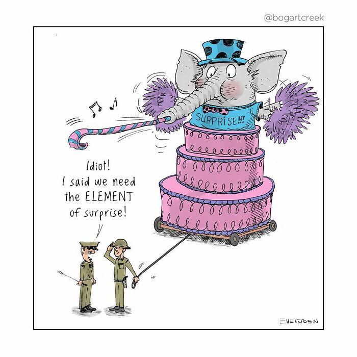 Elephant in a cake bursts out holding surprise sign, two soldiers react humorously.