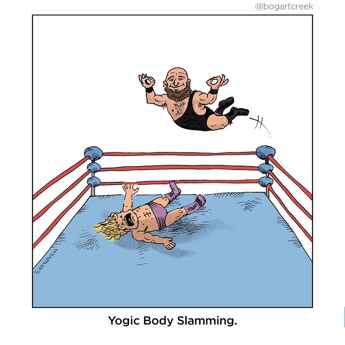 Cartoon wrestler performing a "Yogic Body Slamming" move in a wrestling ring.