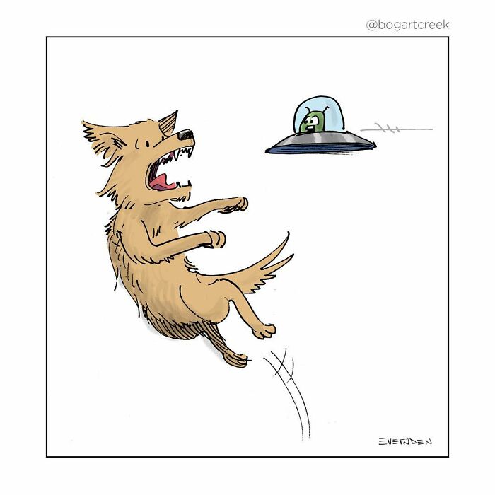 Dog startled by tiny UFO in a one-panel comic by Derek Evernden.