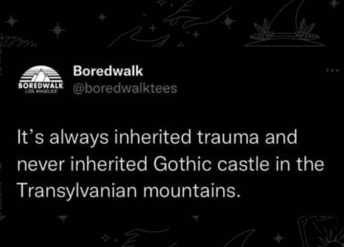 Meme text about inherited trauma versus Gothic castles, ideal for those with a spicy brain.