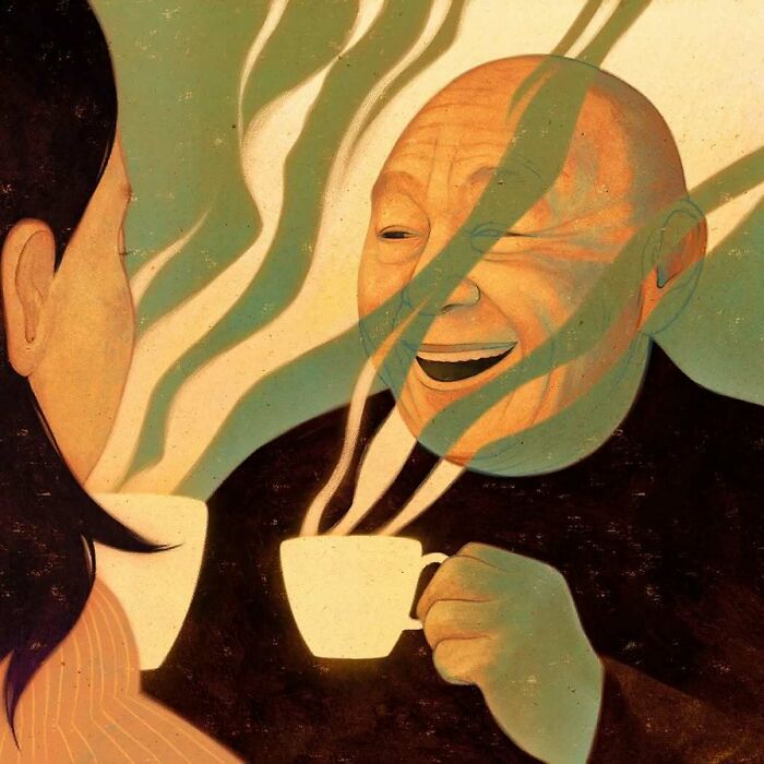 Illustration of two people sharing coffee, capturing the beauty and melancholy in their expressions, by Owen Gent.