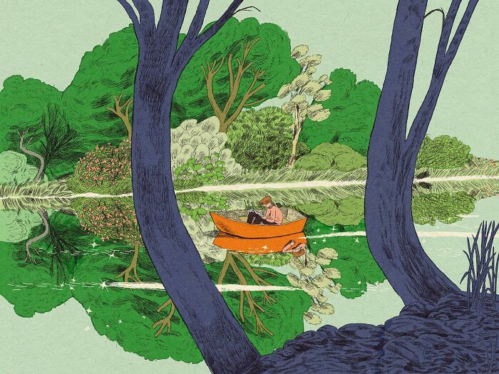 Whimsical surreal art shows a person reading in a small orange boat on a reflective green lake, surrounded by lush trees.