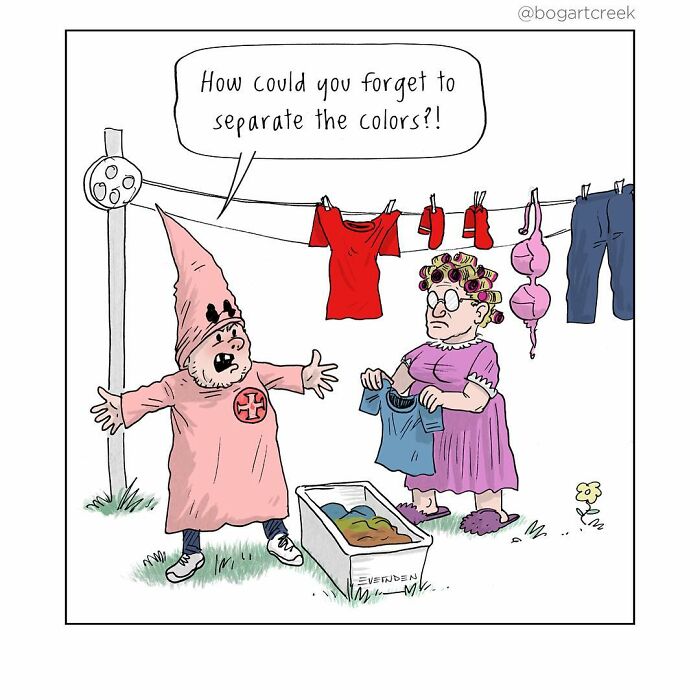 A humorous one-panel comic by Derek Evernden depicting a laundry mishap with darker undertones.