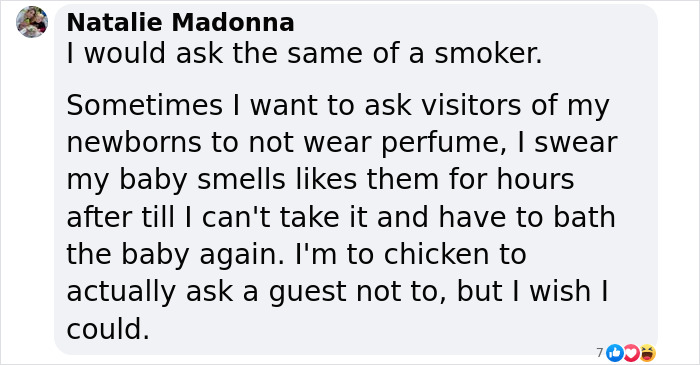 Text message discussing setting boundaries with visitors about smoking and perfume around a newborn.