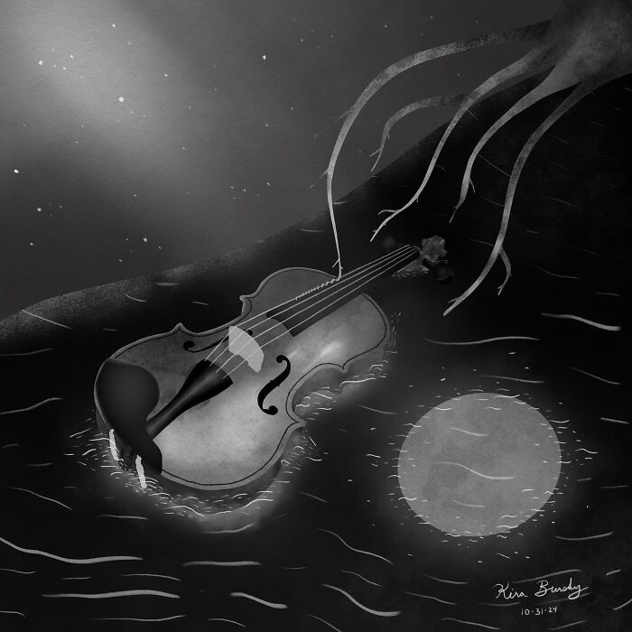 Illustration of a violin in water, inspired by Hurricane Helene, with cascading tree roots above.