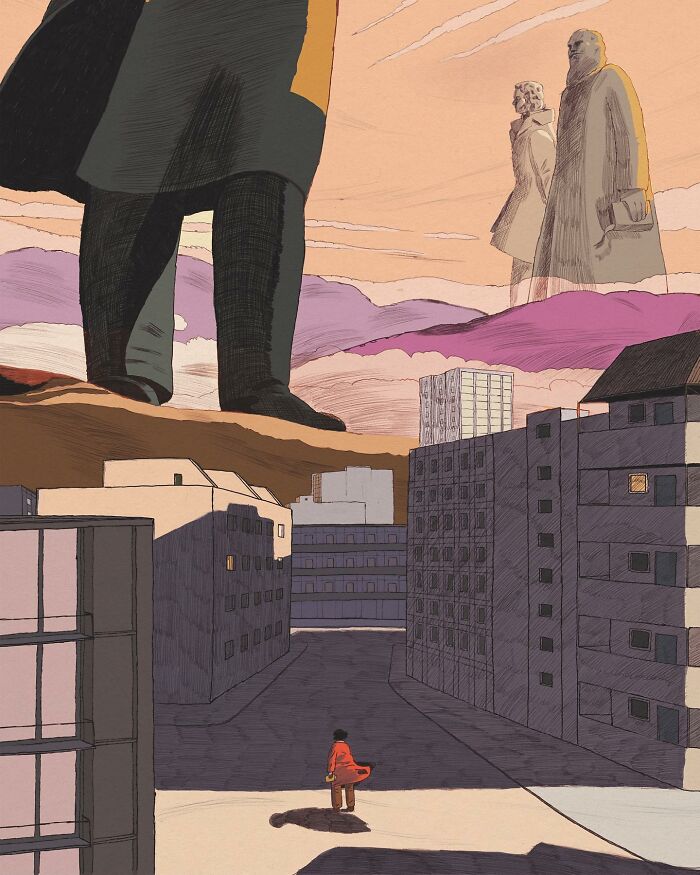 Whimsical surrealism in cityscape, giant figures in background, small person in red coat on street.