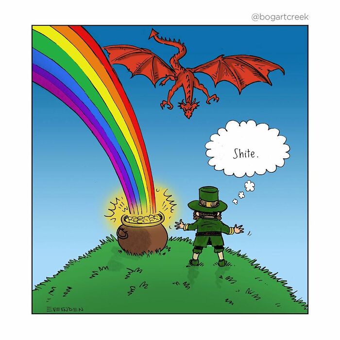 Leprechaun finds a pot of gold at a rainbow's end, noticing a dragon overhead, with a humorous dark undertone.