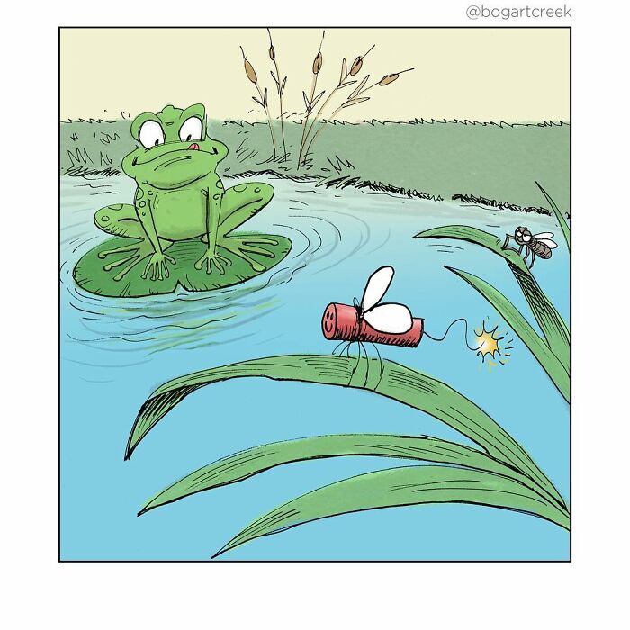 Frog watching a fly sitting on a dynamite stick in a pond, from Derek Evernden's one-panel comics.