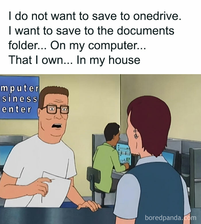 Cartoon character frustrated with cloud storage, highlighting common IT meme humor.